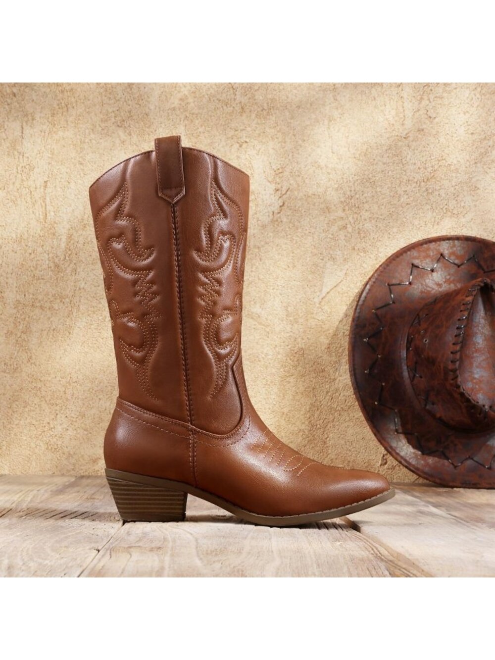 DREAM PAIRS Women's Tan Faux Leather Mid-Calf Classic Comfort Cowboy Boots - Picture 3 of 6